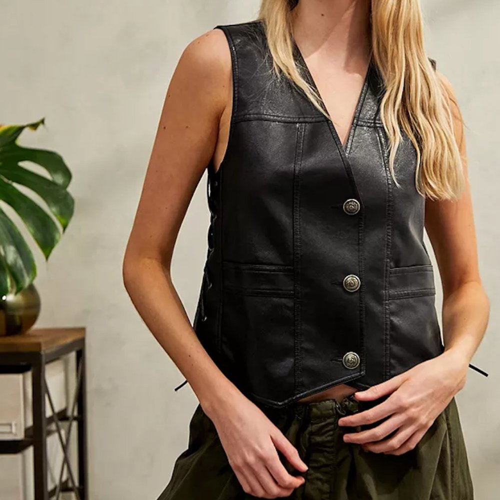 Black Leather Biker Vest Western-Inspired Lace-Up Gilet Size XS